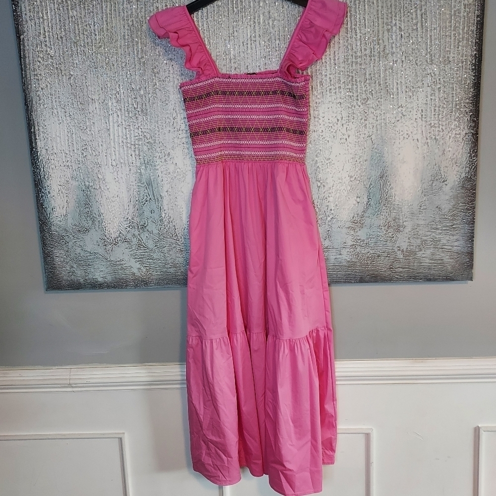 STRUT & BOLT Pink Midi Ruffle Smocked Dress Sz-L